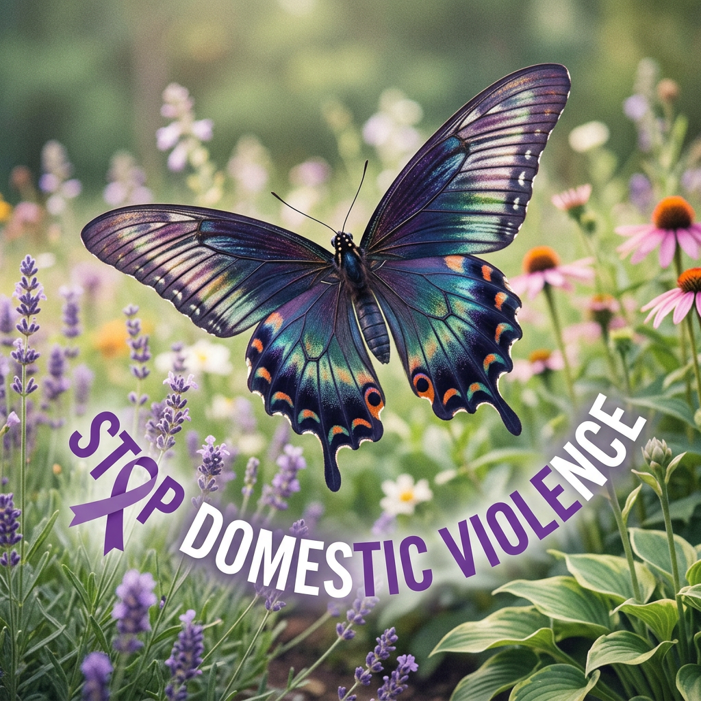 A colorful butterfly above flowers with text saying Stop Domestic Violence and a purple awareness ribbon